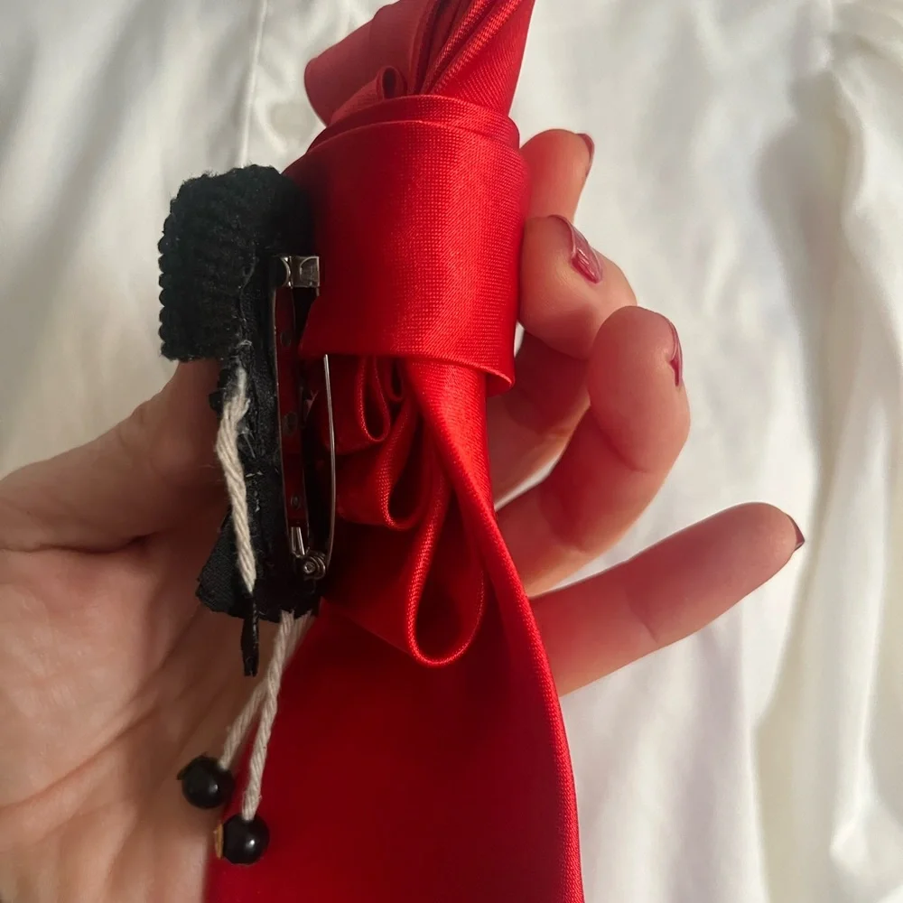 NWT Red women Tie with handmade Doll brooch and pin Accessory